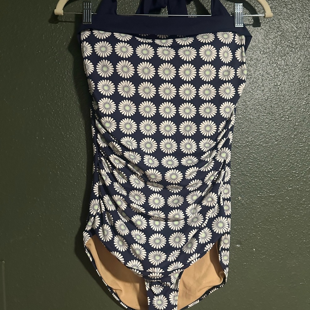 DownEast Navy and White Floral One-Piece Swimsuit M Halter